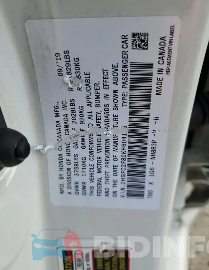 2HGFC2F80KH604125 Photo# 12