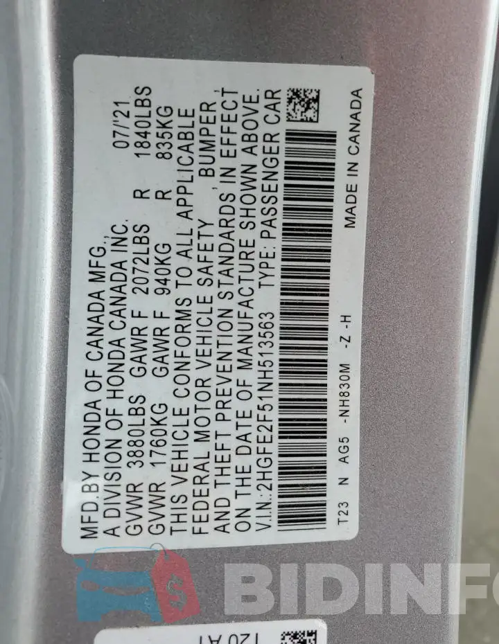 2HGFE2F51NH513563 Photo# 13