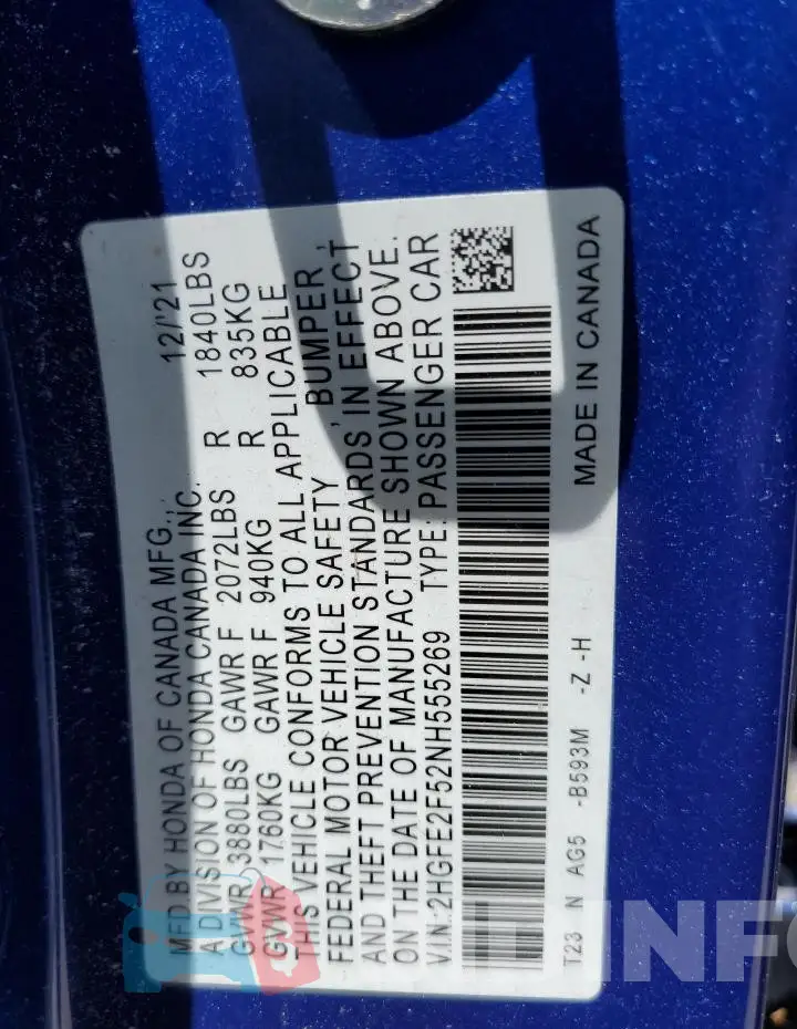 2HGFE2F52NH555269 Photo# 12