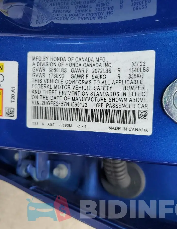 2HGFE2F57NH599123 Photo# 12
