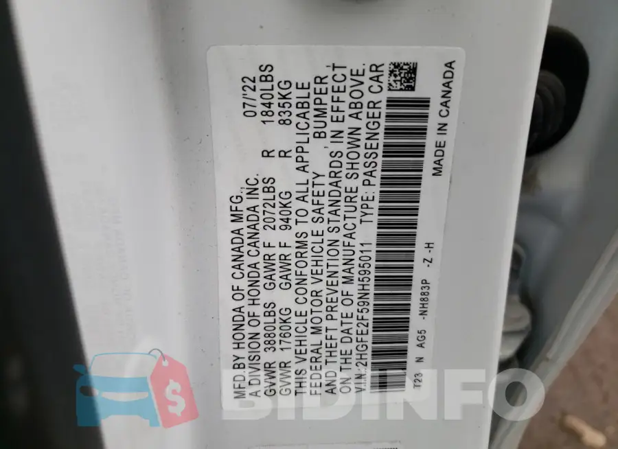2HGFE2F59NH595011 Photo# 13