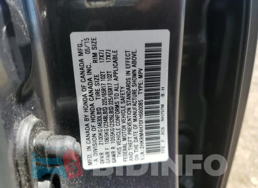 2HKRM4H70FH660085 Photo# 13