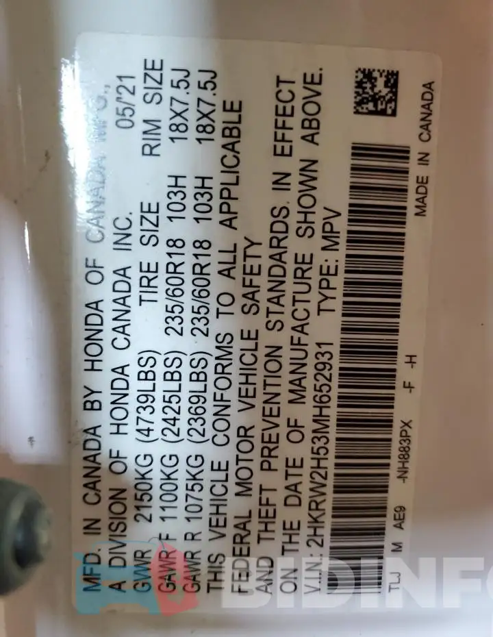 2HKRW2H53MH652931 Photo# 13
