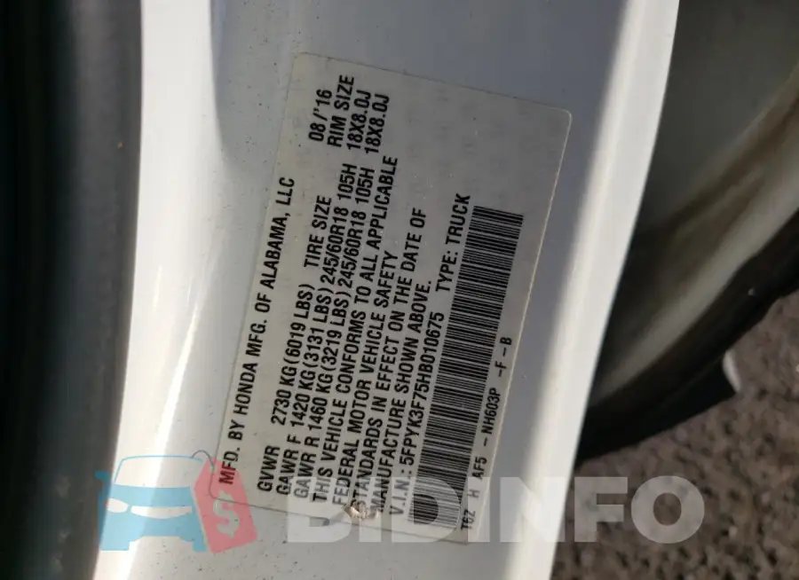5FPYK3F75HB010675 Photo# 12