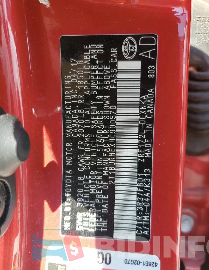 2T1BURHEXHC900570 Photo# 12