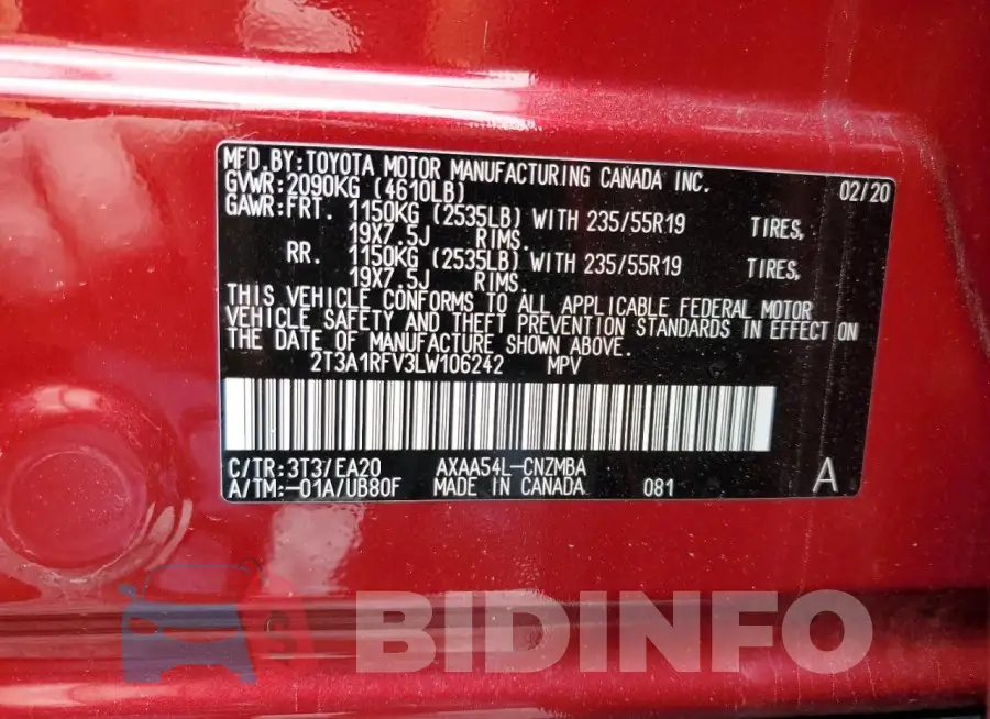 2T3A1RFV3LW106242 Photo# 13