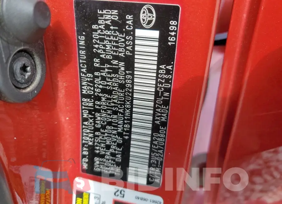 4T1B11HK8KU229891 Photo# 12