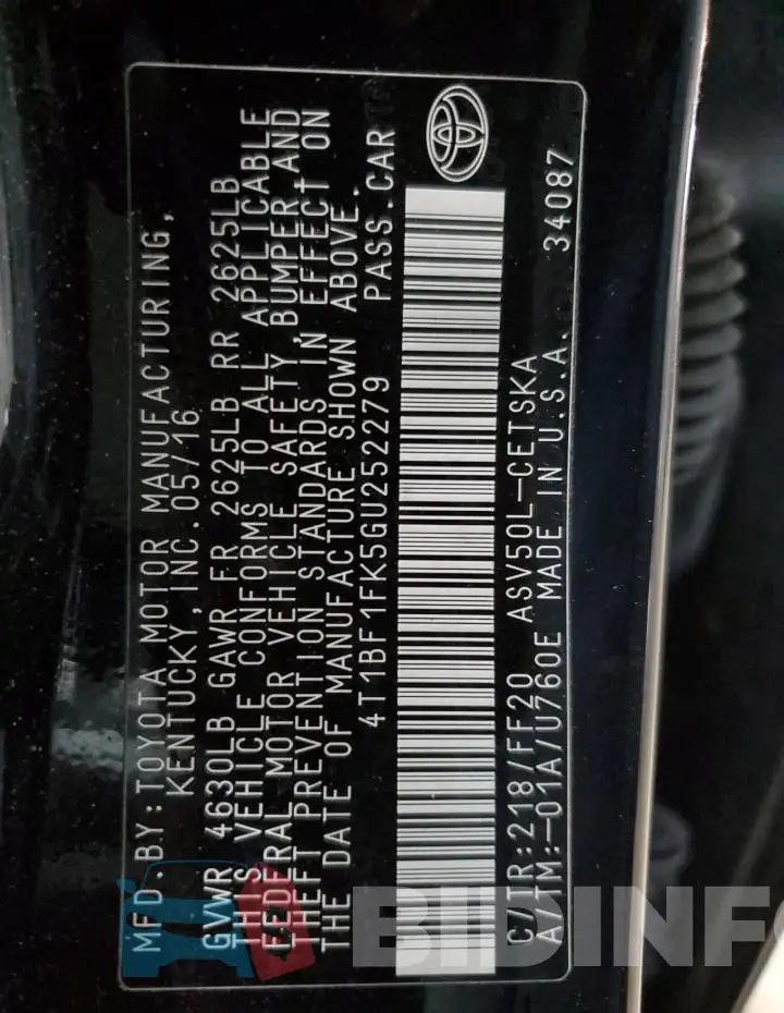 4T1BF1FK5GU252279 Photo# 12