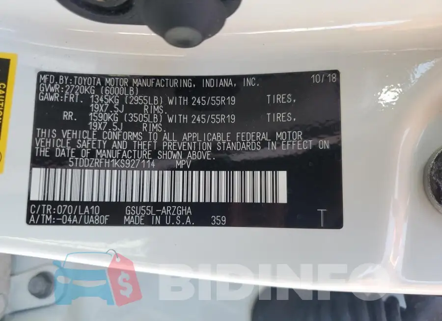 5TDDZRFH1KS927114 Photo# 12