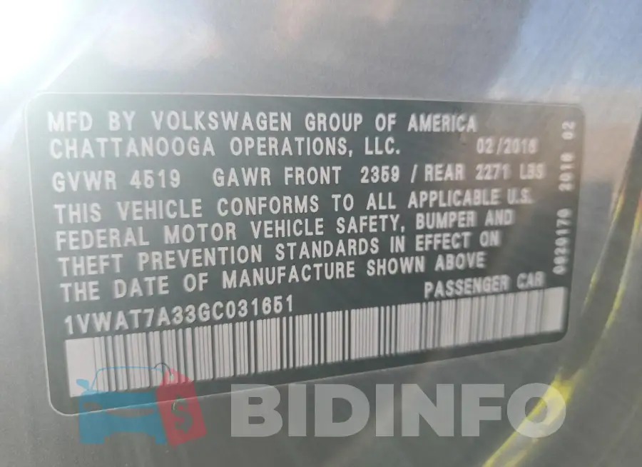 1VWAT7A33GC031651 Photo# 12