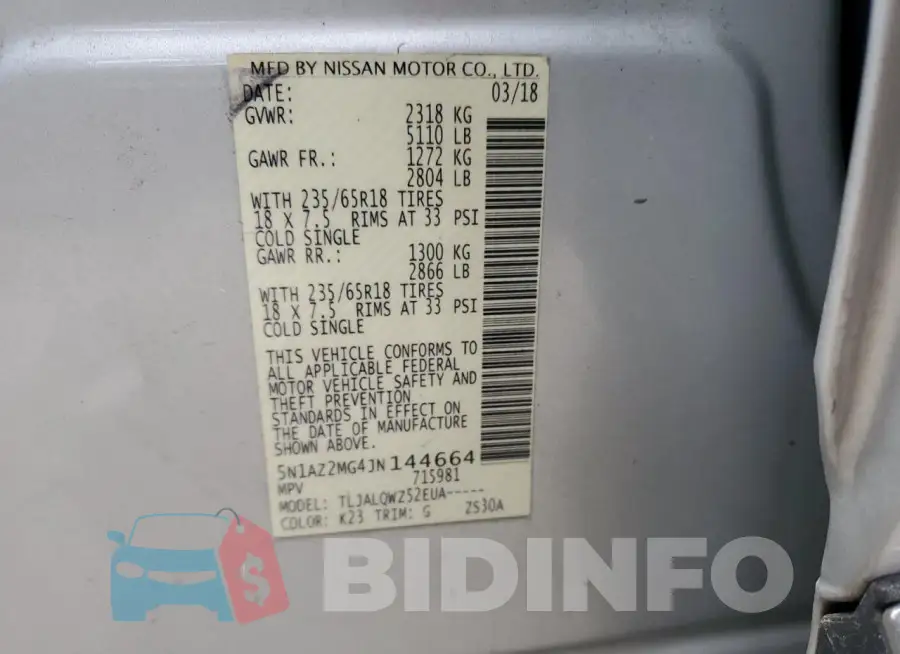 5N1AZ2MG4JN144664 Photo# 13