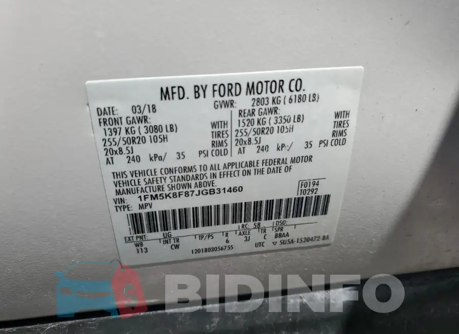 1FM5K8F87JGB31460 Photo# 13
