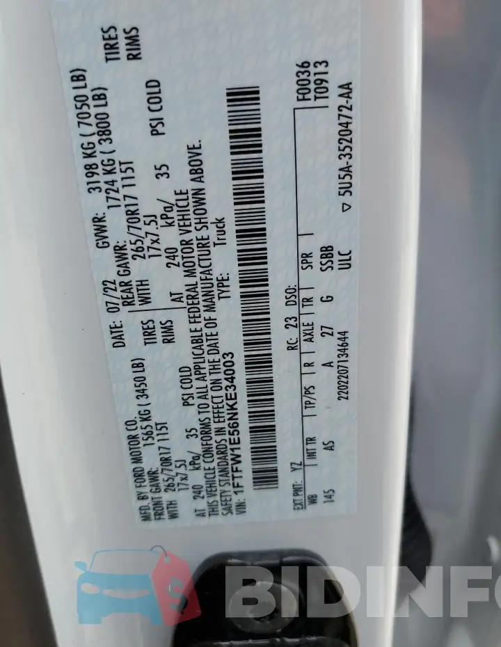 1FTFW1E56NKE34003 Photo# 13