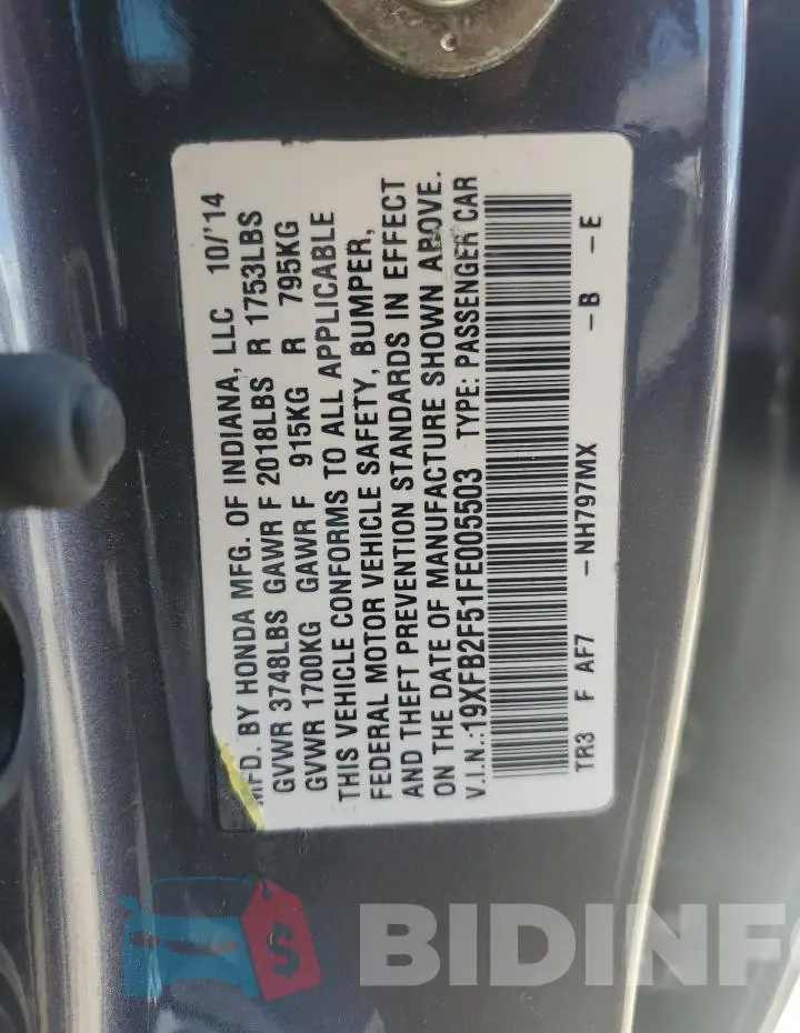 19XFB2F51FE005503 Photo# 12