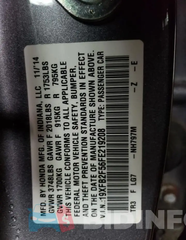 19XFB2F56FE219208 Photo# 12