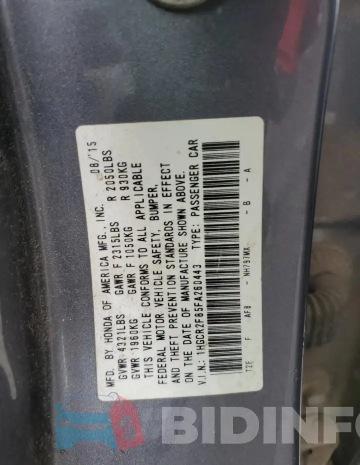 1HGCR2F85FA260443 Photo# 12