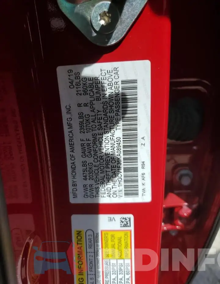 1HGCV1F36KA089450 Photo# 12