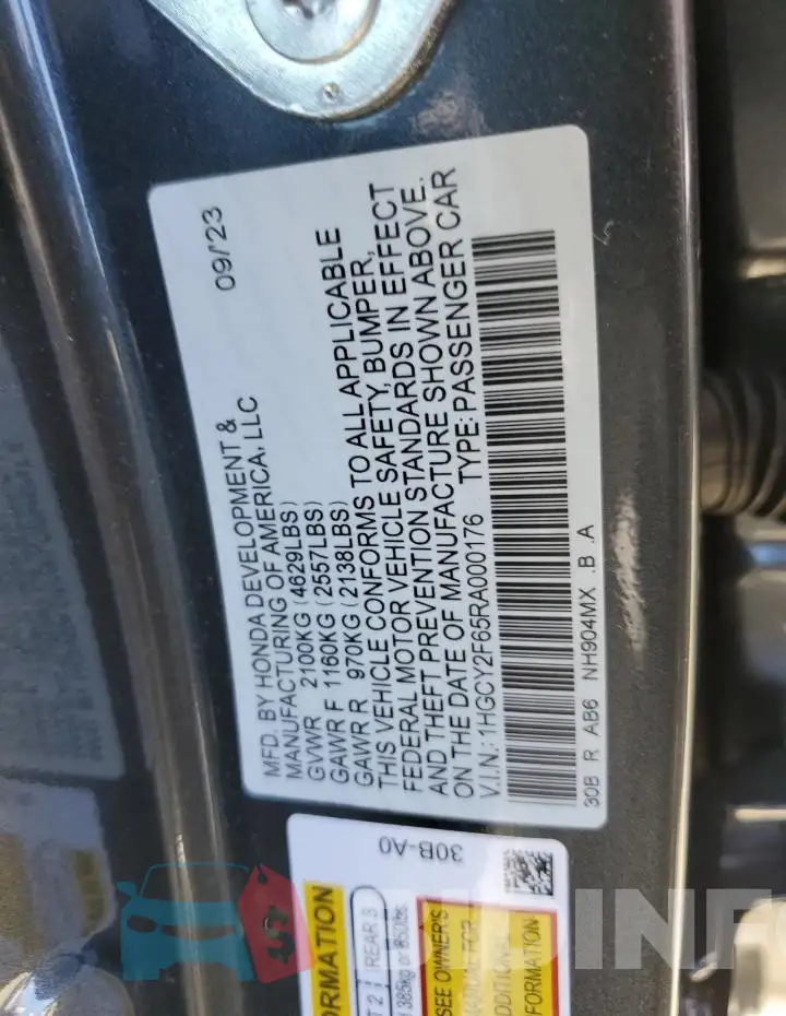 1HGCY2F65RA000176 Photo# 12