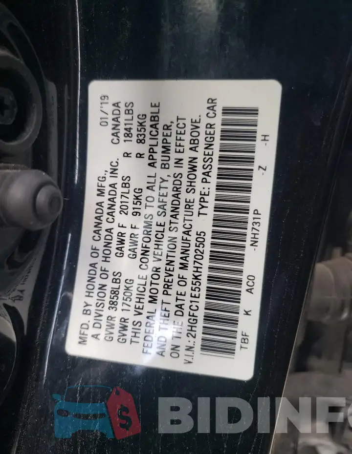 2HGFC1E55KH702505 Photo# 12