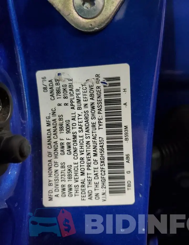 2HGFC2F5XGH564357 Photo# 12