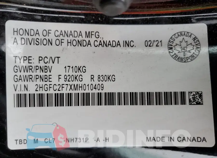 2HGFC2F7XMH010409 Photo# 12