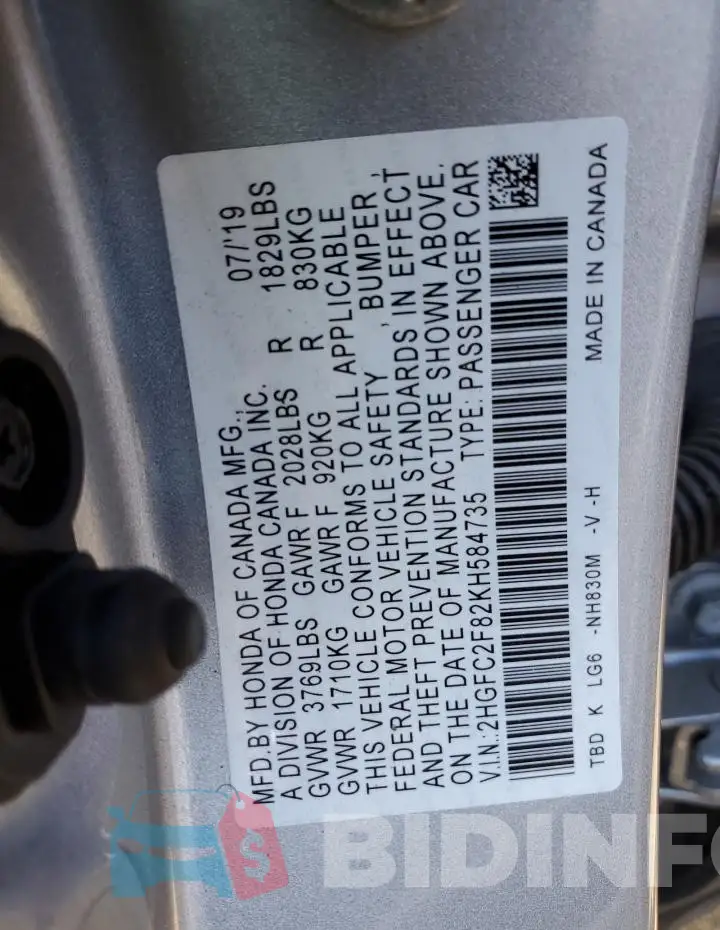 2HGFC2F82KH584735 Photo# 12