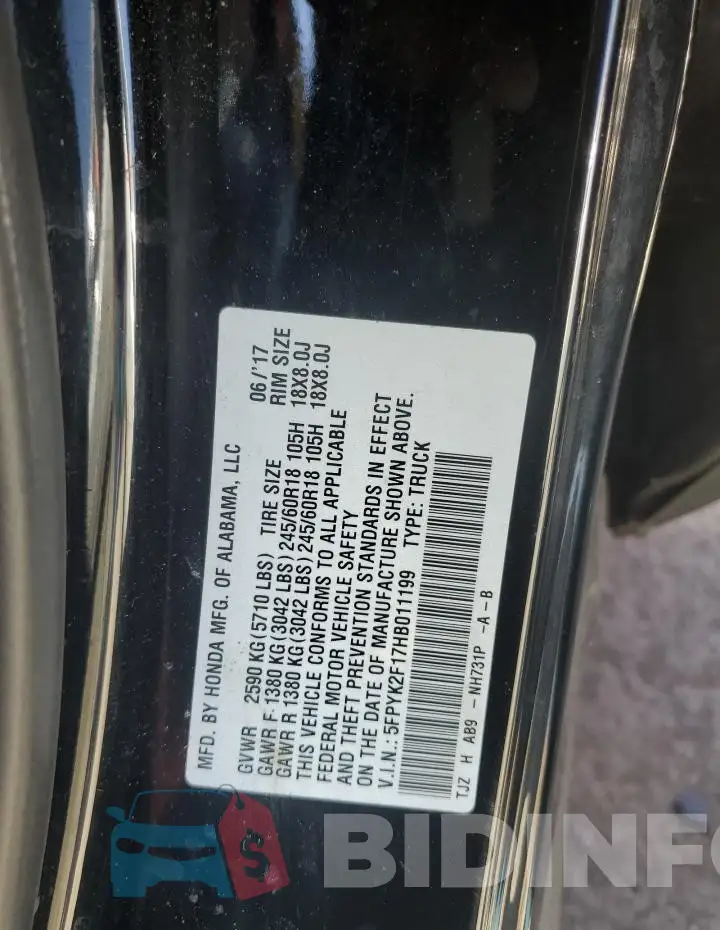 5FPYK2F17HB011199 Photo# 12