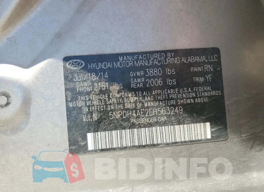 5NPDH4AE2FH563249 Photo# 12