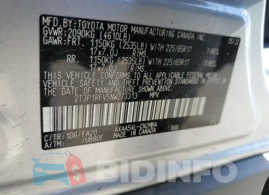 2T3P1RFV5NW273313 Photo# 12