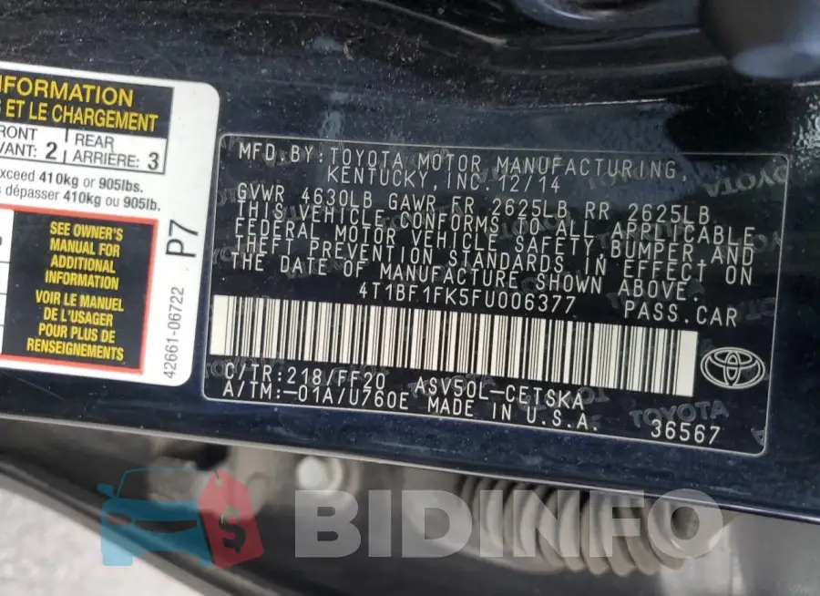 4T1BF1FK5FU006377 Photo# 12