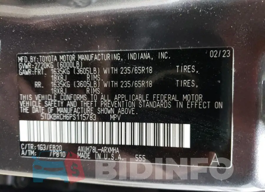 5TDKBRCH6PS115783 Photo# 13