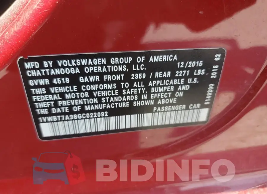 1VWBT7A38GC022092 Photo# 12