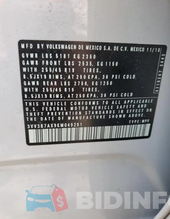 3VV3B7AX9KM049291 Photo# 13