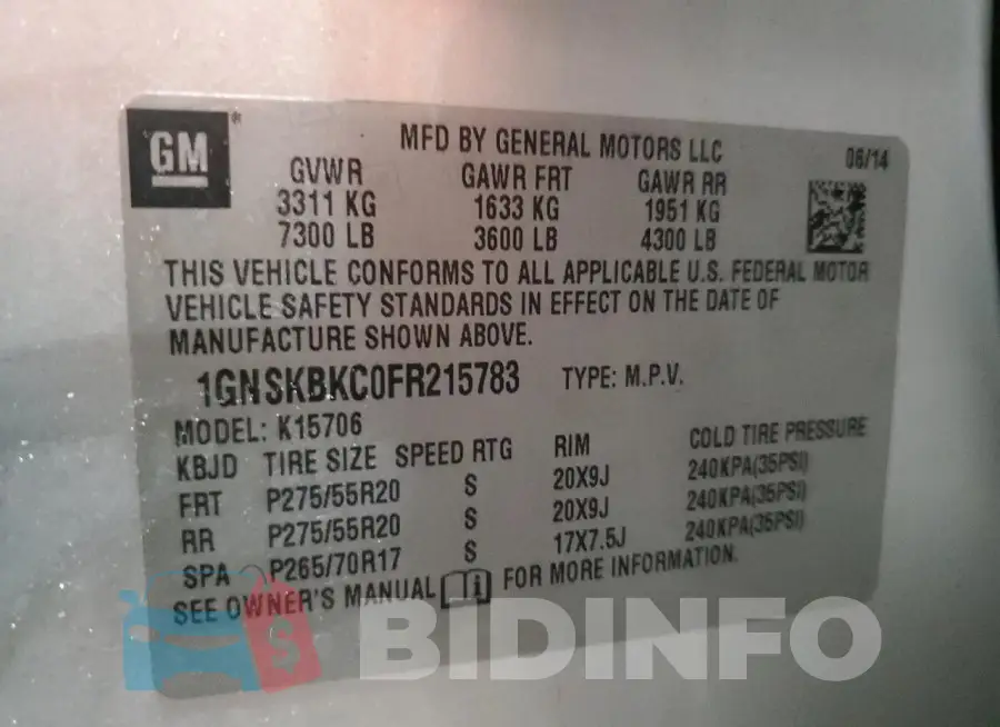 1GNSKBKC0FR215783 Photo# 14