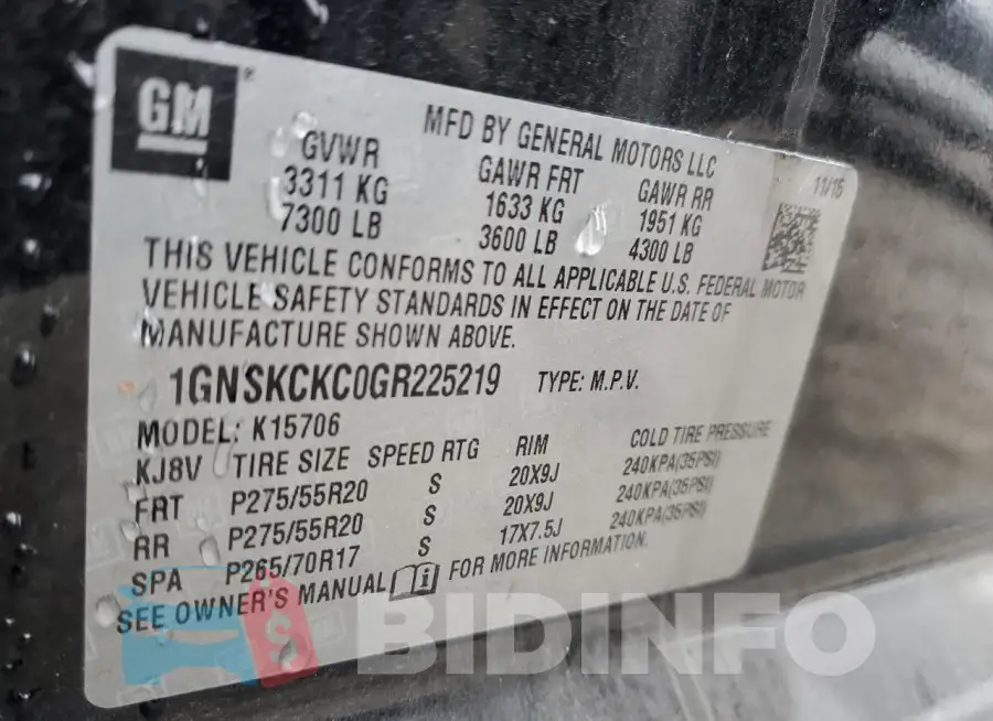 1GNSKCKC0GR225219 Photo# 12
