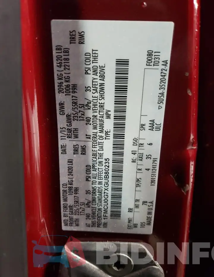 1FMCU0G7XGUB80235 Photo# 12