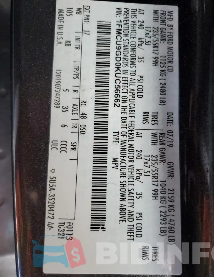1FMCU9GD0KUC56662 Photo# 13