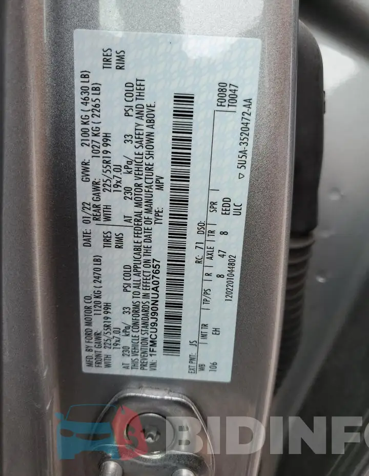 1FMCU9J90NUA07657 Photo# 12