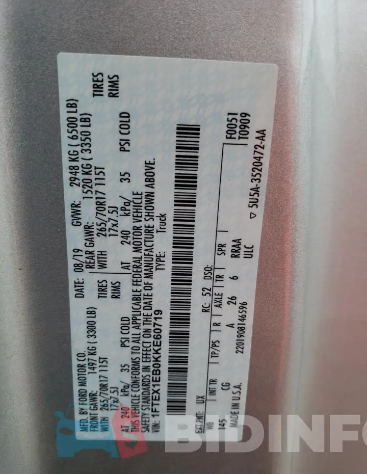 1FTEX1EB0KKE60719 Photo# 12