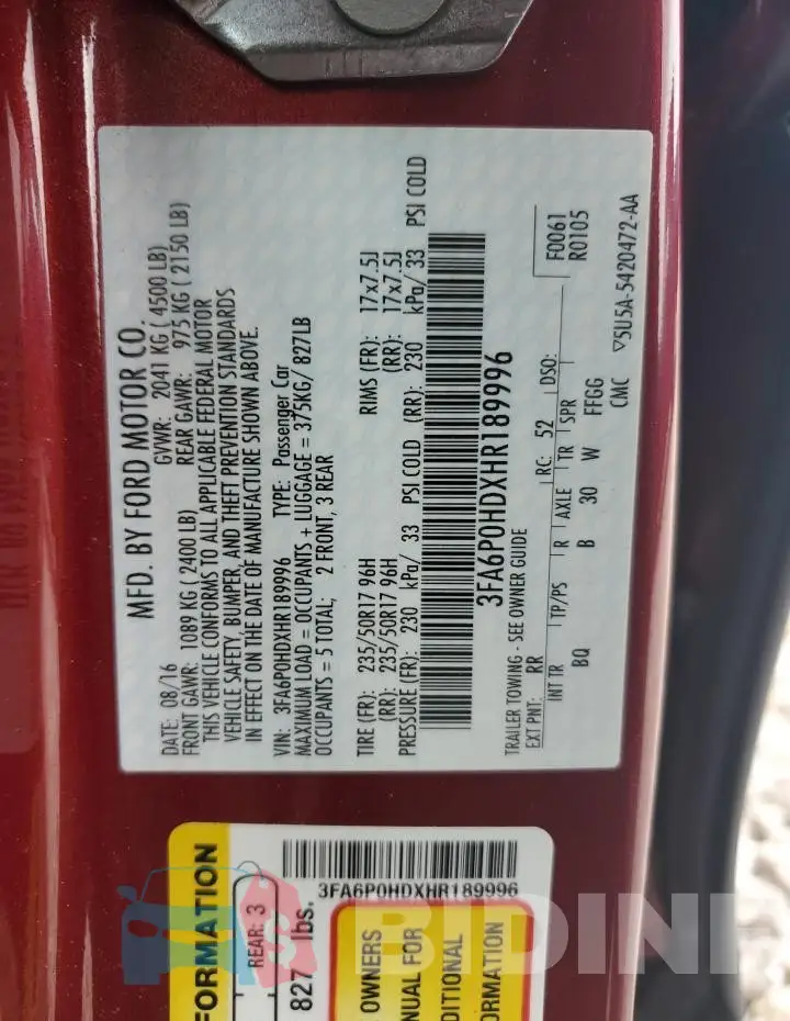3FA6P0HDXHR189996 Photo# 13