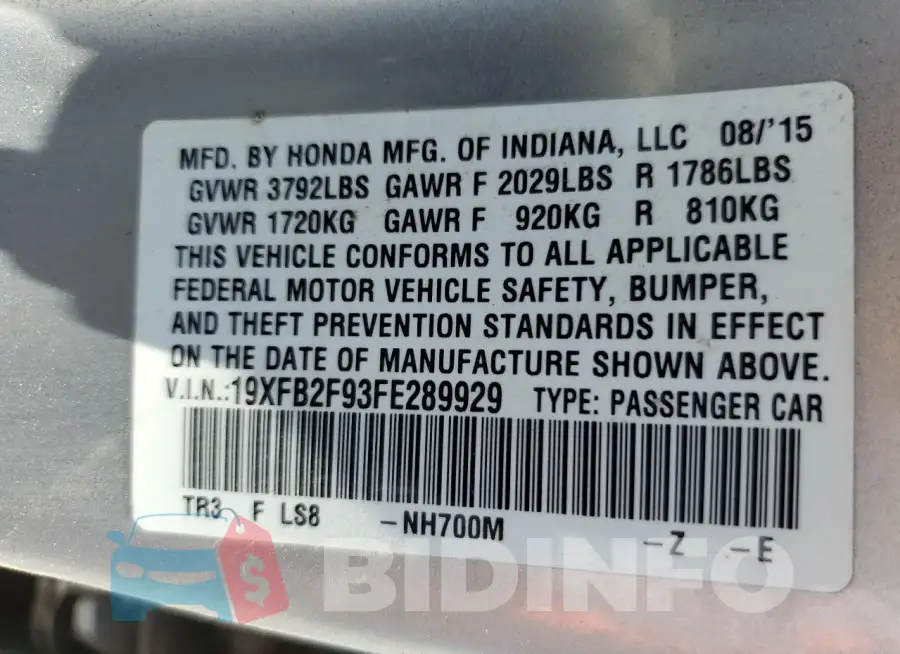 19XFB2F93FE289929 Photo# 12