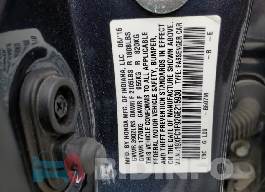 19XFC1F92GE215930 Photo# 12