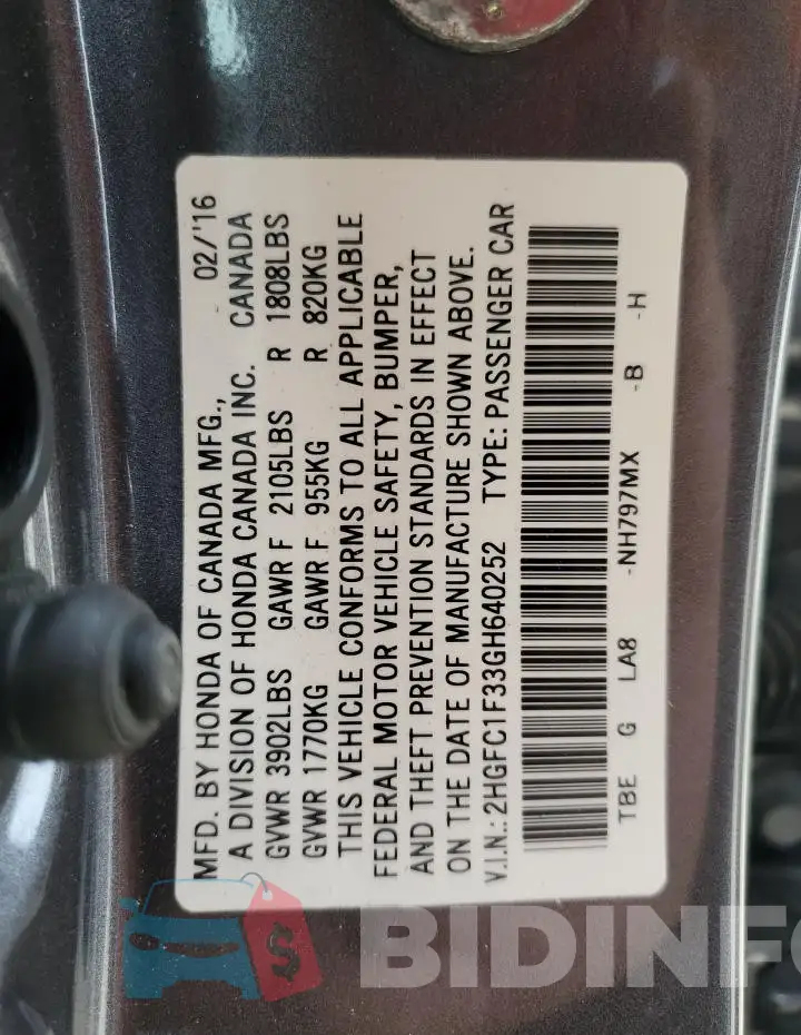2HGFC1F33GH640252 Photo# 13