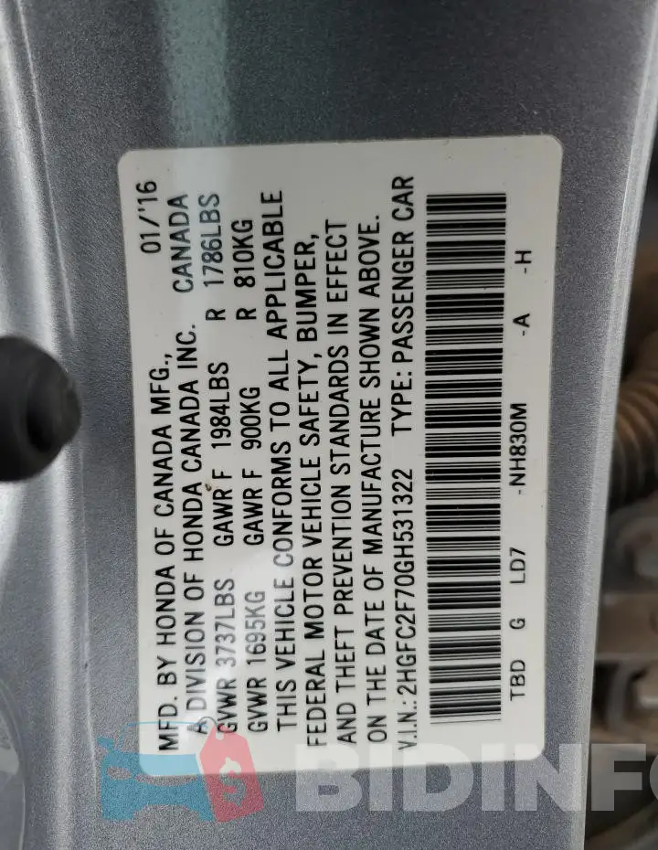 2HGFC2F70GH531322 Photo# 13