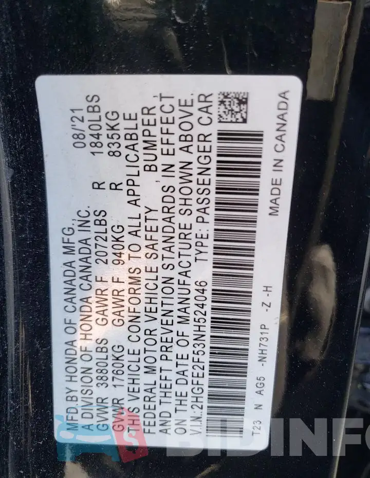 2HGFE2F53NH524046 Photo# 13