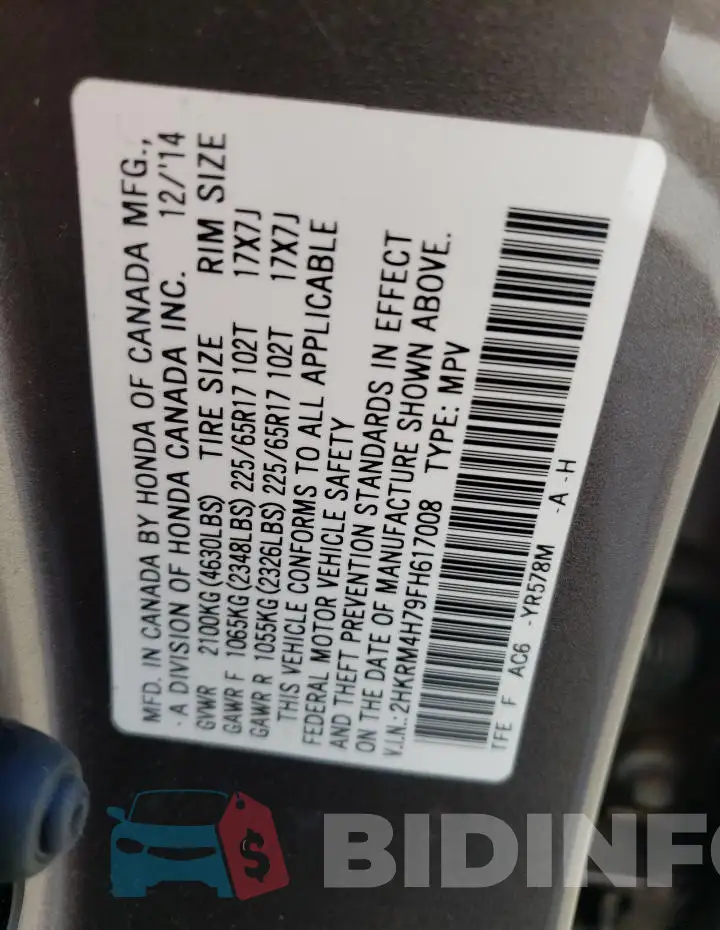 2HKRM4H79FH617008 Photo# 14