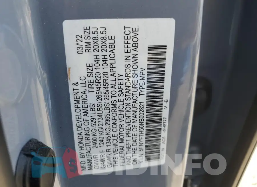 5FNYF7H50NB002821 Photo# 12