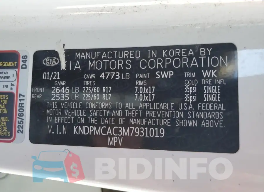KNDPMCAC3M7931019 Photo# 13