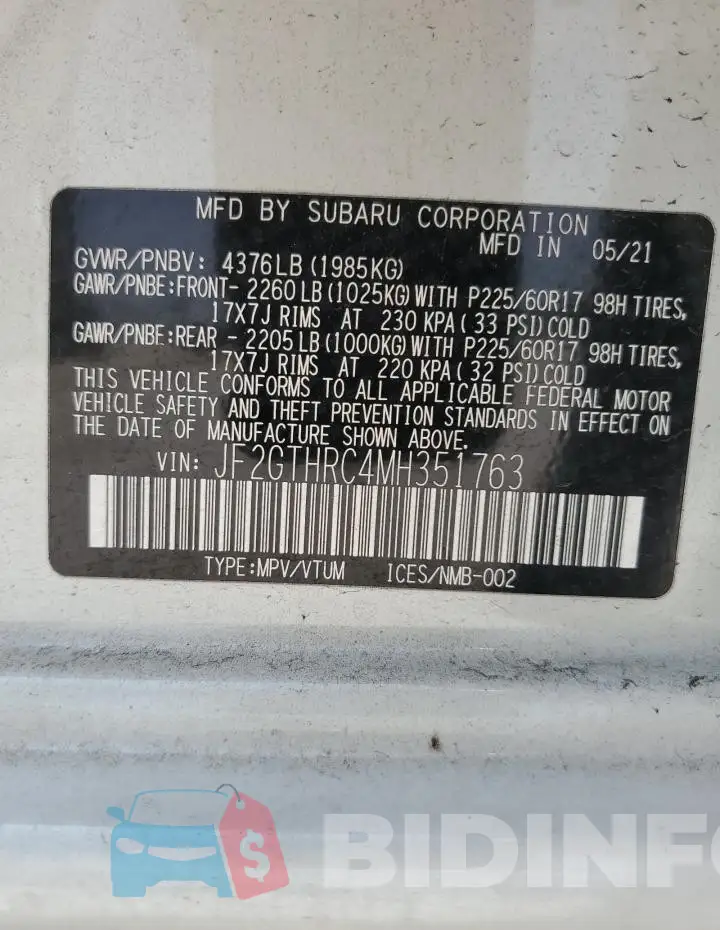 JF2GTHRC4MH351763 Photo# 13