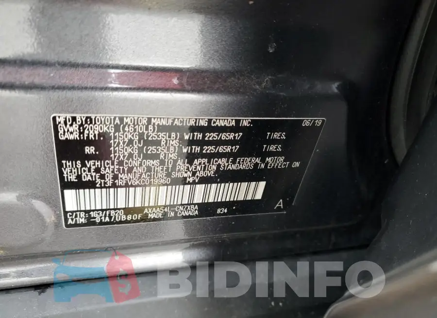 2T3F1RFV6KC019960 Photo# 13